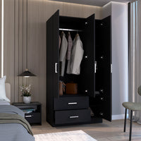 Sebree 71" High Armoire Wardrove Closet With 2 Drawers, Four Doorsthree Cabinetsix Shelves And Hanging Rod, Bedroom Clothes Storage Cabinet Organizer Black Black Particle Board