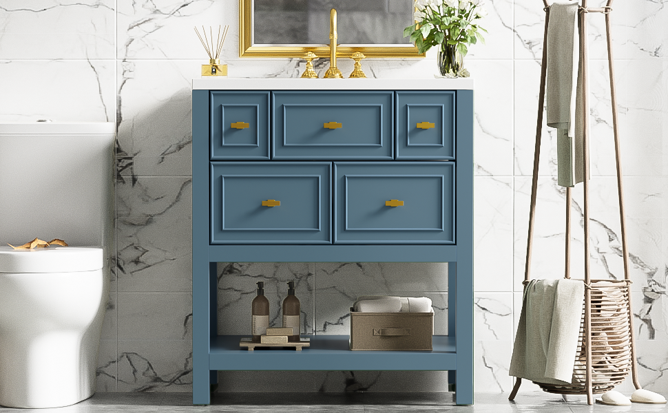 30'' Bathroom Vanity With Resin Sink Combo, Free Standing Single Vanity Set With 5 Drawers, Solid Wood Frame Bathroom Storage Cabinet, Blue 4 Blue 1 Bathroom Freestanding Modern Solid Wood Mdf Resin Painted