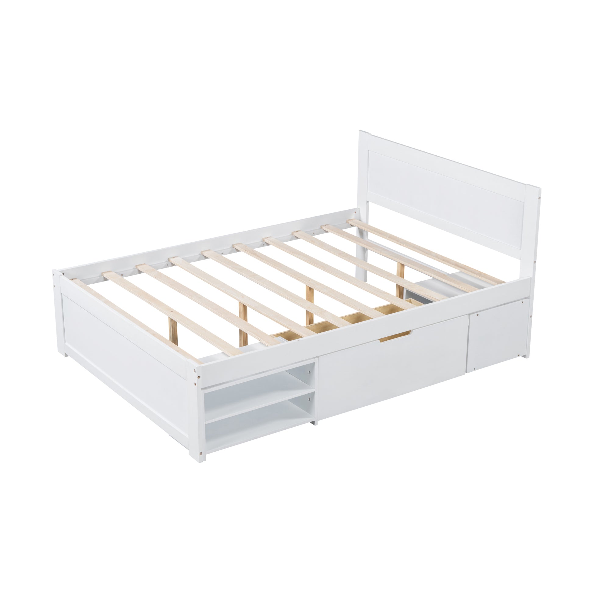 Full Size Platform Bed With Drawer And Two Shelves, White Full Antique White Mdf Lvl