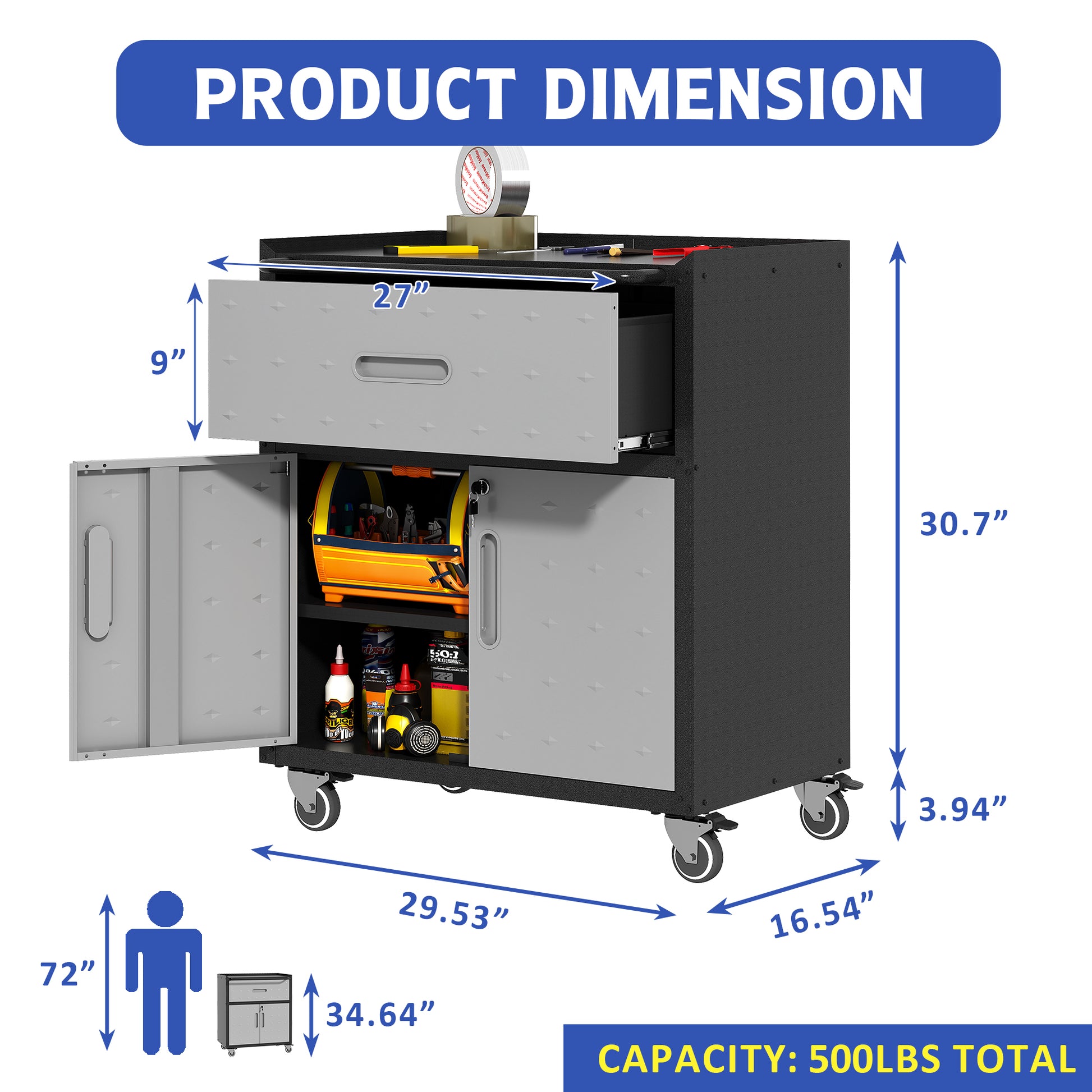 Sturdy And Durable Metal Tool Cabinet For Garage With Wheels Mobile Heavy Duty Storage Cabinet With 1 Drawer And 2 Locking Doors, Rolling Tool Storage Cabinet, Black And Gray Black Gray Steel