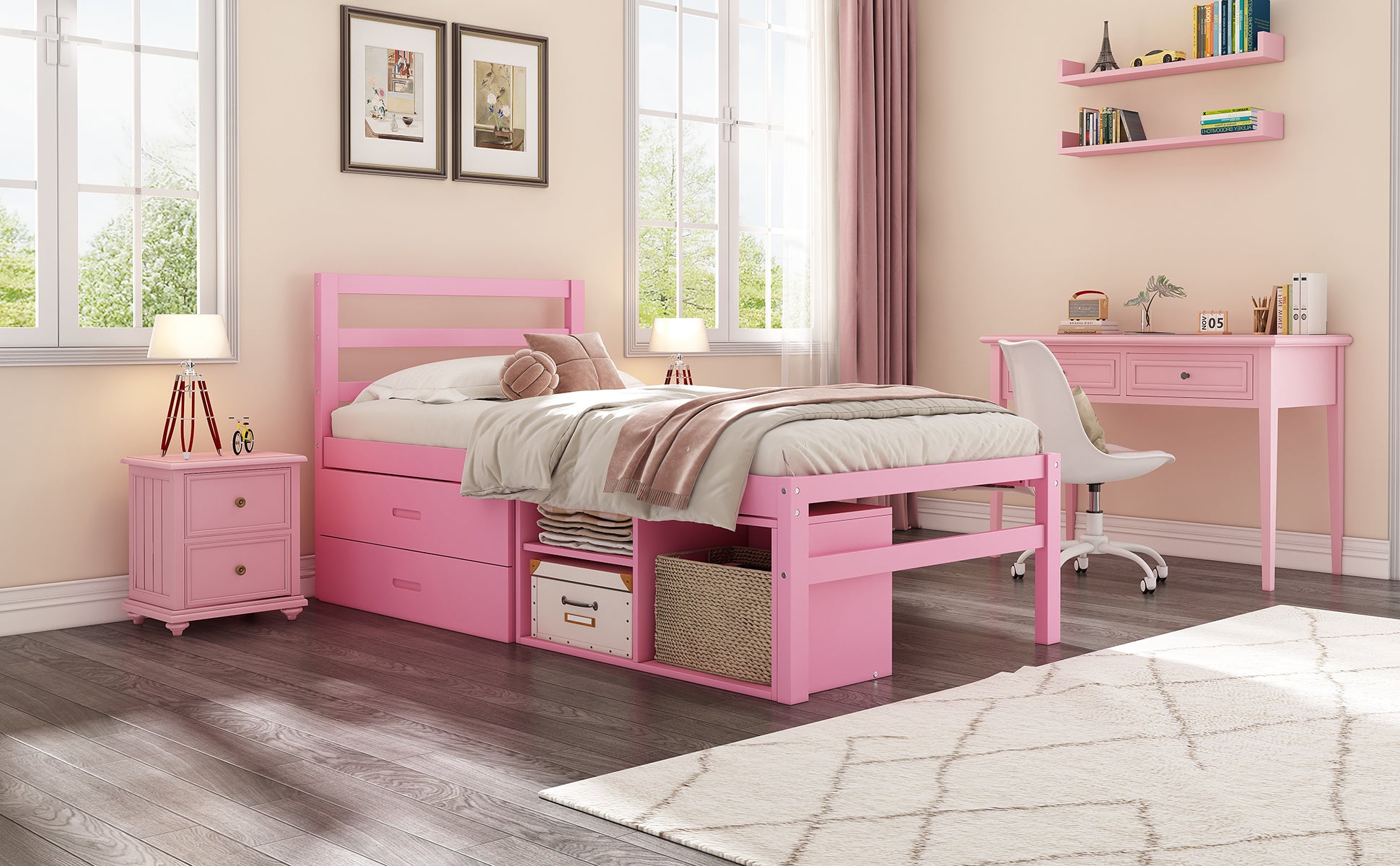 Twin Size Wood Platform Bed With Removable Storage Shelves, Built In Two Storage Drawers For Added Convenience, Pink Twin Pink Wood