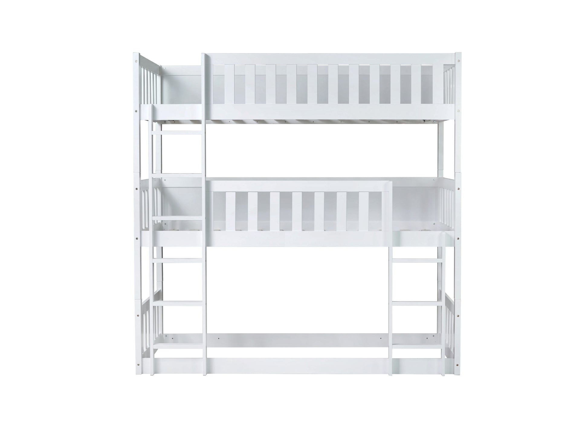 Twin Size Triple Rubber Wood Bunk Bed, With Ladders, Guardrails Detachable Bunk Bed, Twin Over Twin Over Twin,White Twin White Bedroom American Design Bed Frame Rubber Wood