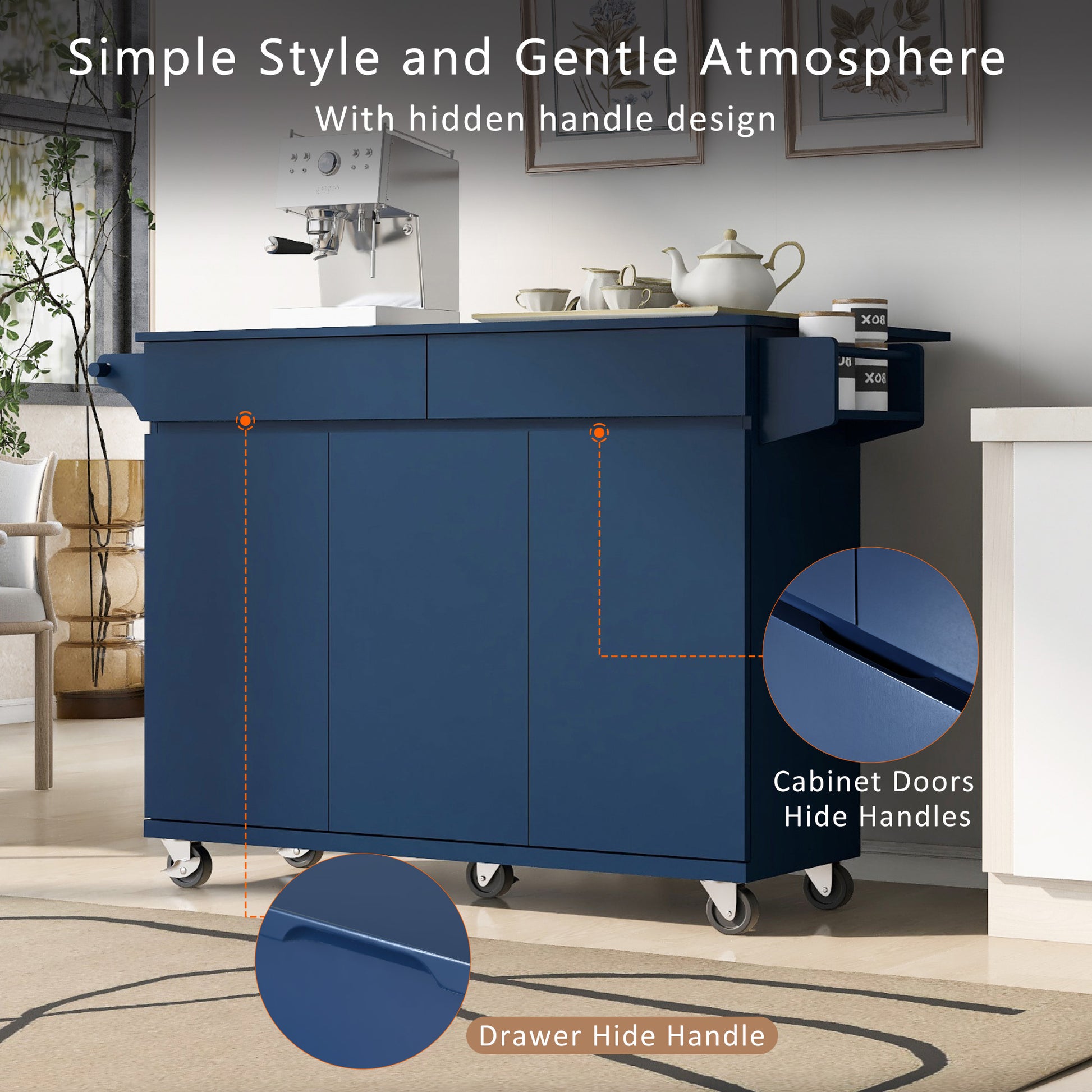 K&K 53.2'' Kitchen Island With Drop Leaf, Kitchen Storage Cart With Spice Rack, Towel Rack And 2 Drawers, Rolling Kitchen Island On Wheels With Adjustable Shelves For Kitchen, Dining Room, Navy Blue Navy Blue Brown Kitchen
