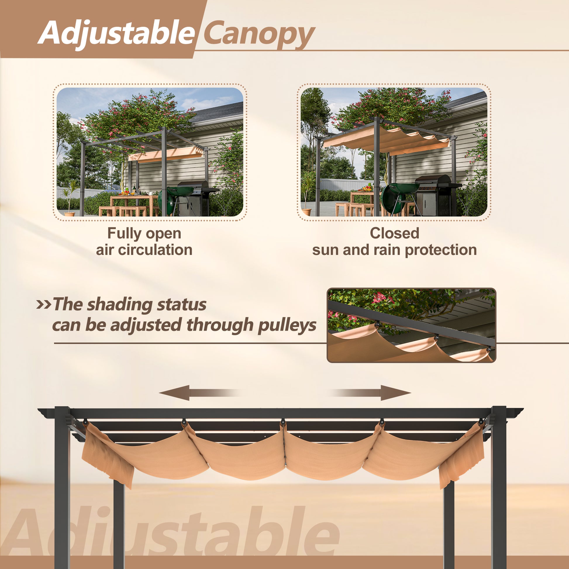 10' X 10' Aluminum Patio Pergola With Retractable Pergola Canopy, Backyard Shade Shelter For Porch, Outdoor Party, Garden, Grill Gazebo, Khaki Khaki Aluminium