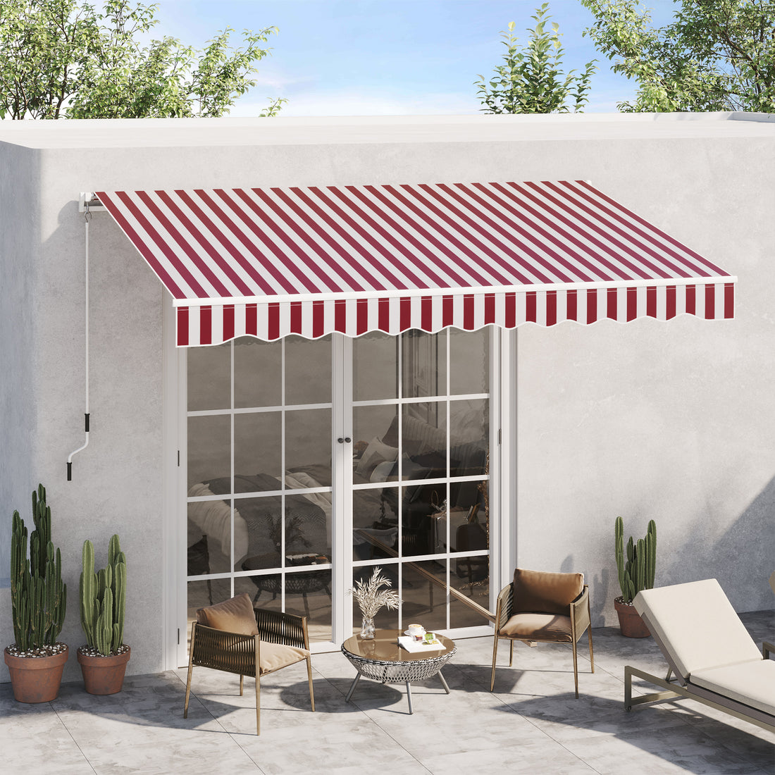 Outsunny 10' X 8' Retractable Awning, Patio Awnings, Sunshade Shelter W Manual Crank Handle, Uv & Water Resistant Fabric And Aluminum Frame For Deck, Balcony, Yard, Wine Red Stripes Multicolor Aluminum