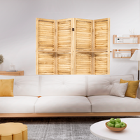 4 Panel Wood Room Divider Screen With Shelves Freestanding Partition With Display Shelves Natural Color Natural Wood Modern Wood