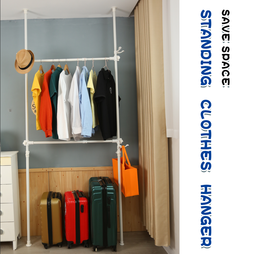 Telescopic Garment Rack, Heavy Duty Design Movable Diy By Hand No Damage To Wall Ceiling Hanging Rail, 31 47In Wide Adjustable, 120 Kilogram Loading, Reach Hook Included, White White Primary Living