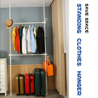 Telescopic Garment Rack, Heavy Duty Design Movable Diy By Hand No Damage To Wall Ceiling Hanging Rail, 31 47In Wide Adjustable, 120 Kilogram Loading, Reach Hook Included, White White Primary Living