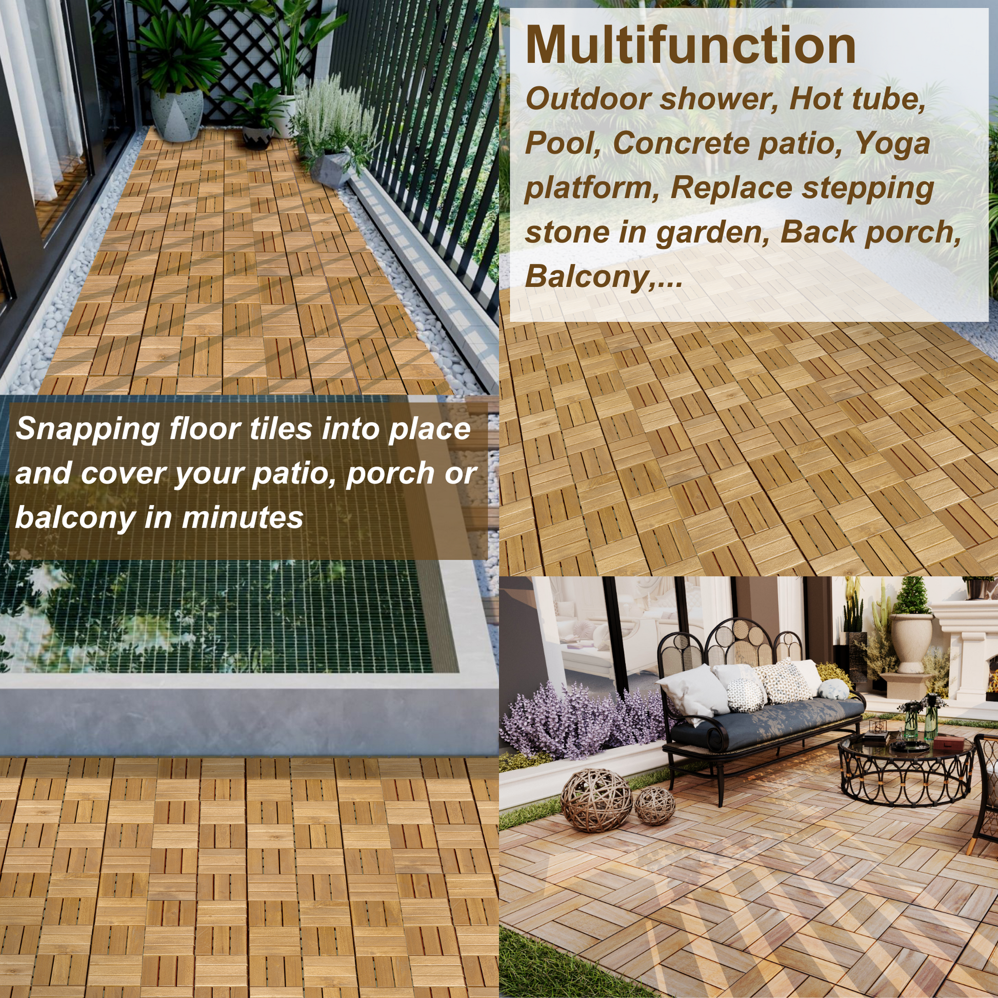 20 Pcs Interlocking Deck Tiles Checker Pattern, 12" X 12" Square Yellow Acacia Hardwood Outdoor Flooring For Patio, Bancony, Pool Side,.. Yellow Acacia Wood