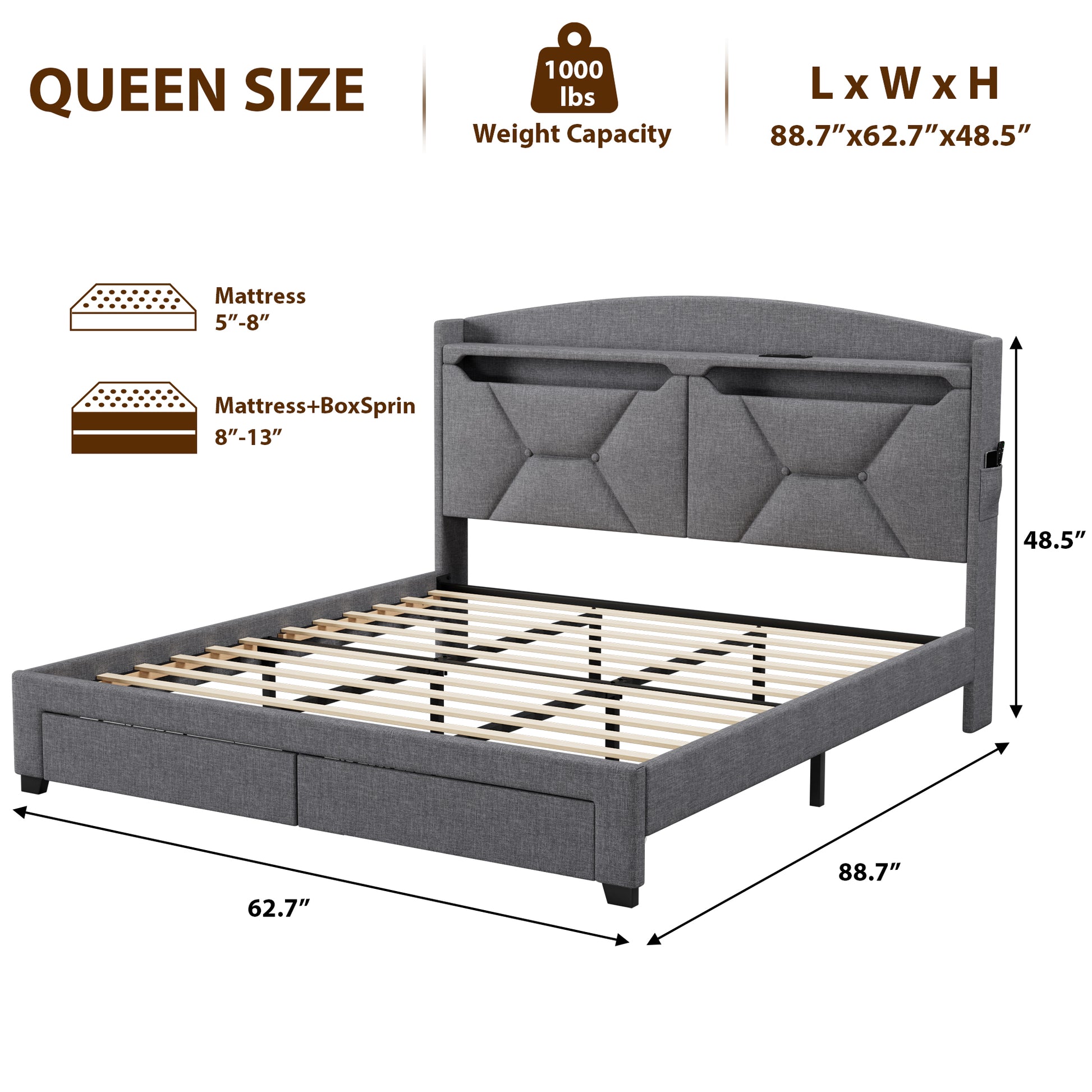 Storage Headboard ,Queen Size With Rf Led Lights Box Spring Not Required Queen Gray Wood Brown Bedroom American Design Poplar Bed Frame Metal & Wood Polyester Fabric