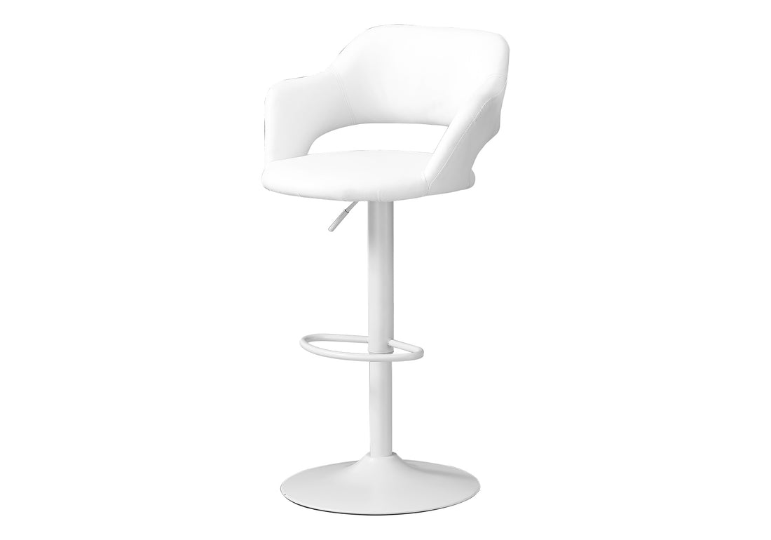 Bar Stool, Swivel, Bar Height, Adjustable, White Metal, Leather Look, Contemporary, Modern White Foam Faux Leather