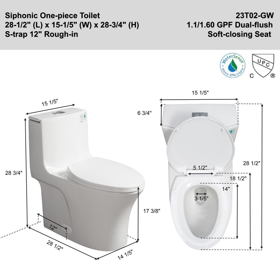 1.1 1.60 Gpf Dual Flush One Piece Toilet, Water Saving Elongated Comfort Height Floor Mounted, Soft Closing Seat, 1000 Gram Map Flushing Score Toilet, Glossy White 23T02 Gw White Ceramic