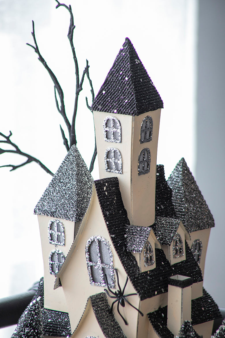 10X8.3X13.5" Cardboard Lighted Haunted House, Black Beige Tabletop Holiday Halloween Decor, Battery Powered Beige Black Paper Composite