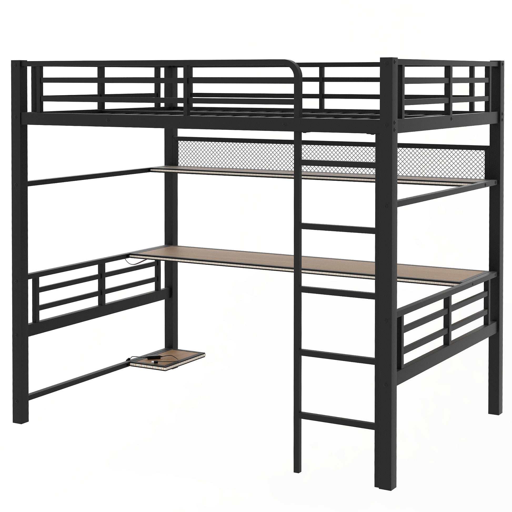 Full Size Metal Loft Bed Frame With Storage Shelf And Led Light,Iron Mesh,Black Expected Arrival Time:10.10 Black Metal