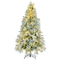 7.5Ft Pre Lit Spruce Snow Flocked Christmas Tree, Artificial Hinged Xmas Tree With 350 Multi Color Led Lights, 8 Flashing Modes &1389 Snow Branch Tips, Holiday Office Home D Cor White Green Polyethylene