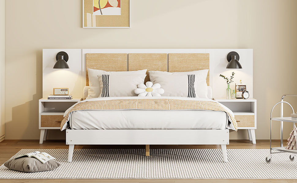 Queen Size Solid Wood Bed Frame With 2 Nightstands, Elegant Design With Lamps, Rattan And Wood Combination,White Queen White Wood