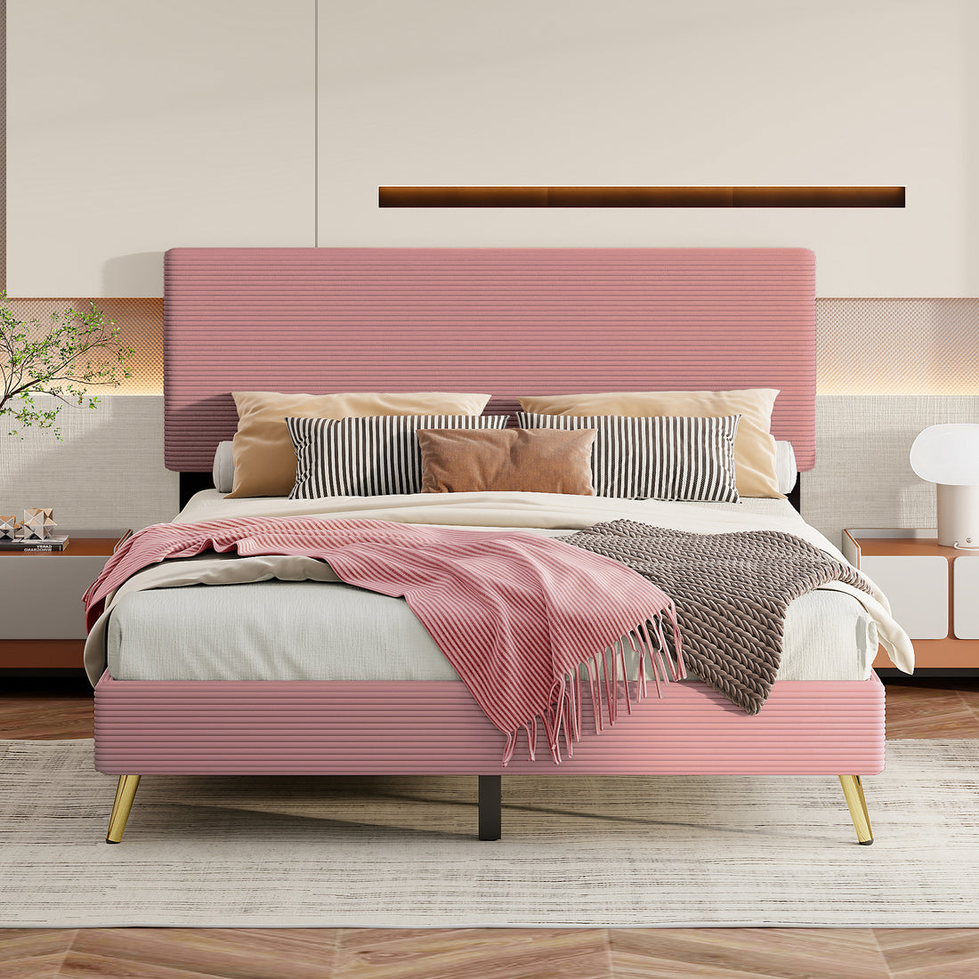 Queen Size Corduroy Upholstered Bed Frame, Platform Bed With Horizontal Stripe Headboard, No Box Spring Needed, Pink Queen Pink Bed Frame Solid Wood Mdf