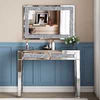 Mirrored Vanity Table Diamond Inlay 2 Drawer Silver Drawer 2 Drawers Bedroom Luxury,Modern Mirrored Finish Mirrored Mdf Glass,Mirror