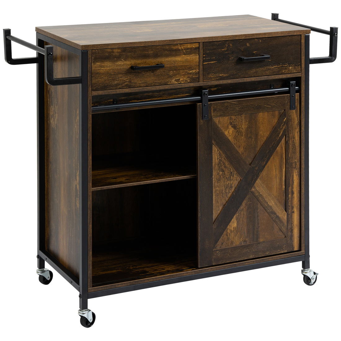 Homcom Industrial Kitchen Cart, Rolling Kitchen Island With Adjustable Shelf, Two Drawers, Sliding Barn Door Cabinet And Towel Rack, Rustic Brown Rustic Brown Steel