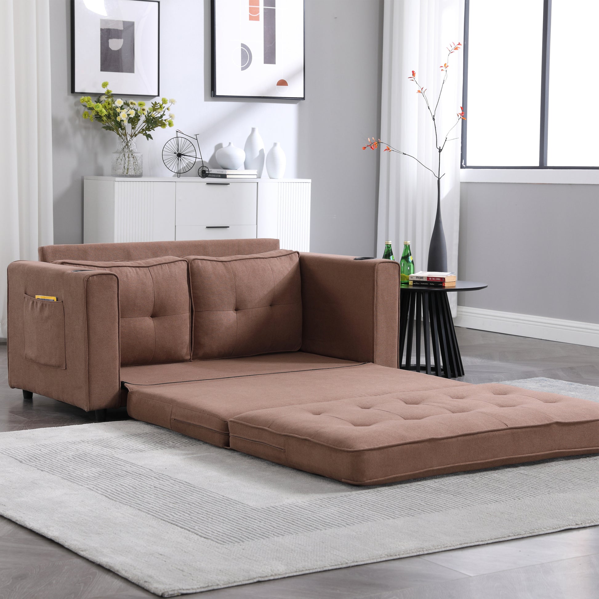 3 In 1 Upholstered Futon Sofa Convertible Floor Sofa Bed,Foldable Tufted Loveseat With Pull Out Sleeper Couch Bed,Folding Mattres Beautiful Seat Daybed W Side Pockets For Living Room, Brown Brown Foam Fabric 2 Seat