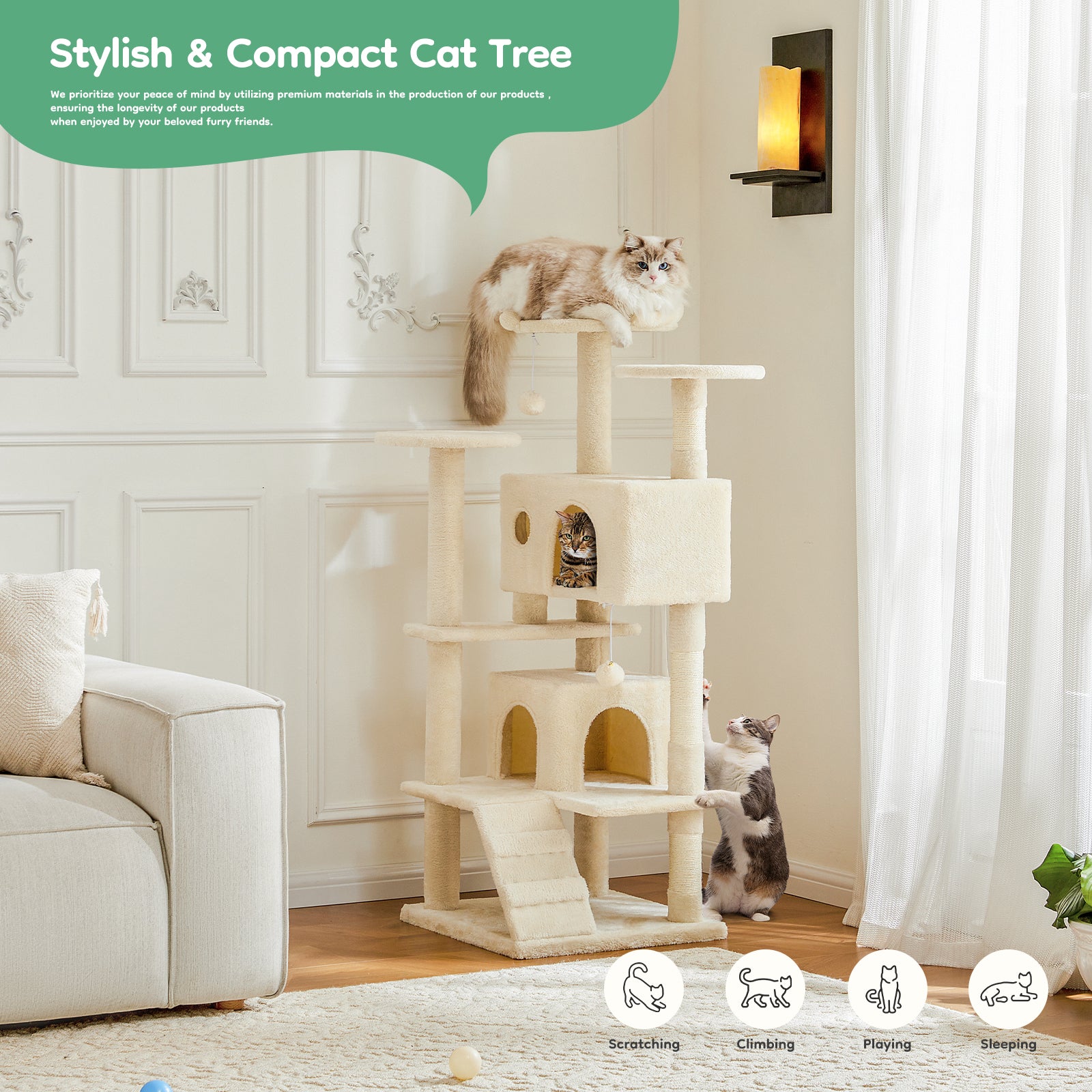 54In Cat Tree, Indoor Cat High Rise Multi Story Tower, Pet Playroom With Large Apartment, Beige Beige Cat Scratch Fabric