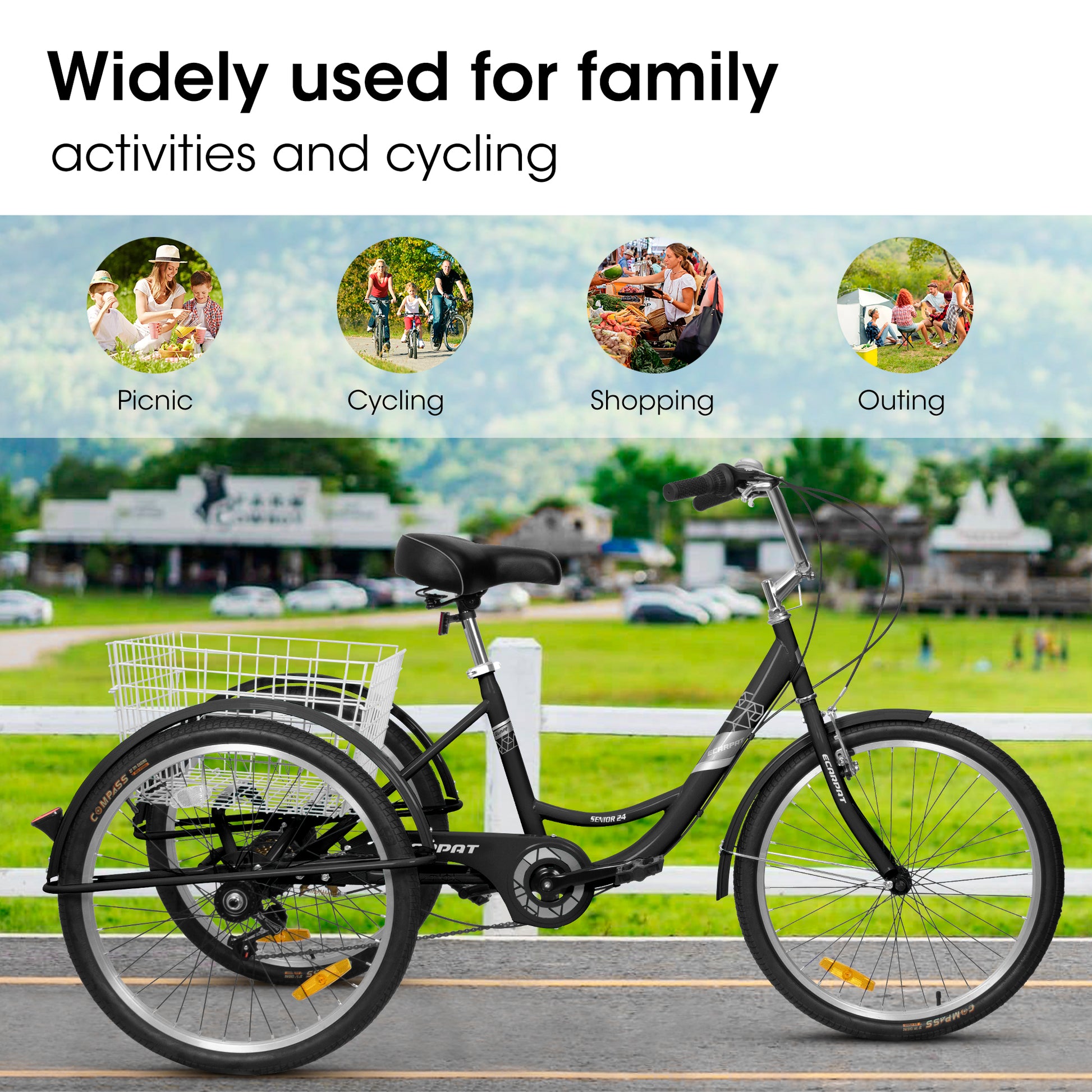 A24632 Adult Tricycles 7 Speed, Adult Trikes 24 Inch 3 Wheel Bikes, Three Wheeled Bicycles Cruise Trike With Shopping Basket For Seniors, Women, Men Black Carbon Steel