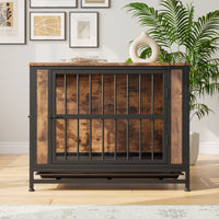 Dog Crate Furniture, Wooden Dog Crate Table, 32.8" Dog Kennel With 2 Sliding Doors And Thick Iron Door Frame, Decorative Pet Crate House For Medium Small Dog Indoor Use Rustic Brown Black Brown Medium 26 40 Lbs Mdf Metal