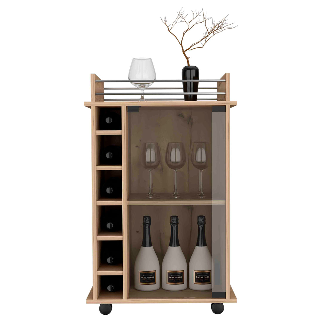 Dukat Bar Cart,Two Shelves, Six Built In Wine Rack, Four Casters Light Oak Beige Dining Room Modern Rectangular Particle Board Particle Board