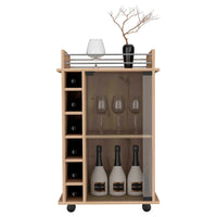 Dukat Bar Cart,Two Shelves, Six Built In Wine Rack, Four Casters Light Oak Beige Dining Room Modern Rectangular Particle Board Particle Board