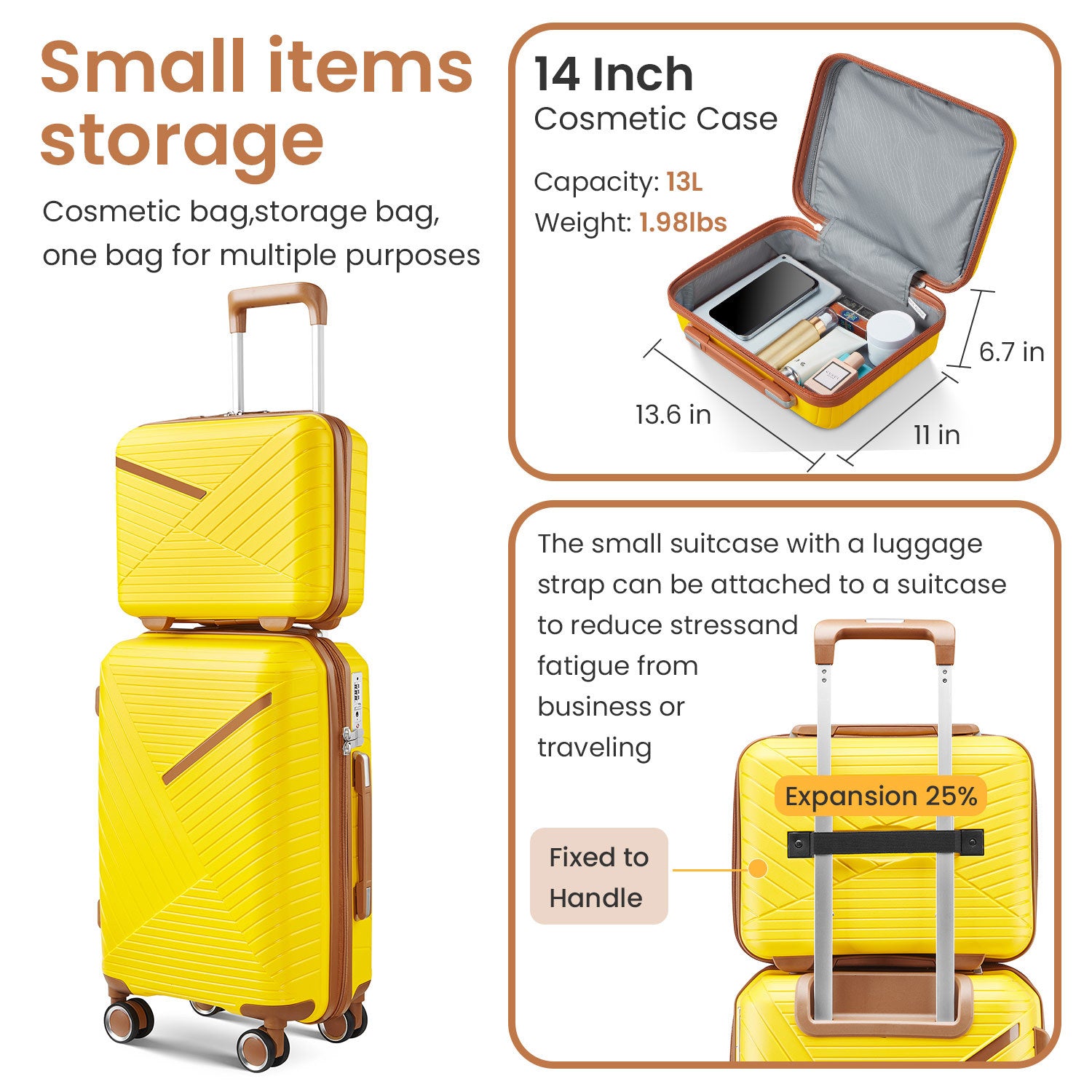 Luggage Sets 4 Piece 14 20 24 28 , Expandable Lightweight Suitcase With 4 Double 360 Degrees Mute Spinner Wheels Pp Materials Durable Tsa Lock Travel Luggage Yellow Polypropylene