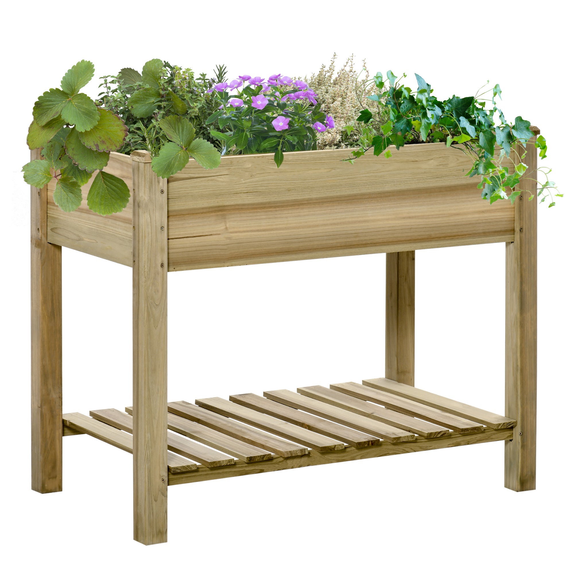 Outsunny 36" X 20" X 30" Raised Garden Bed, Elevated Wood Planter Box With Legs And Storage Shelf For Backyard, Patio, Balcony To Grow Vegetables, Herbs, And Flowers Green Wood