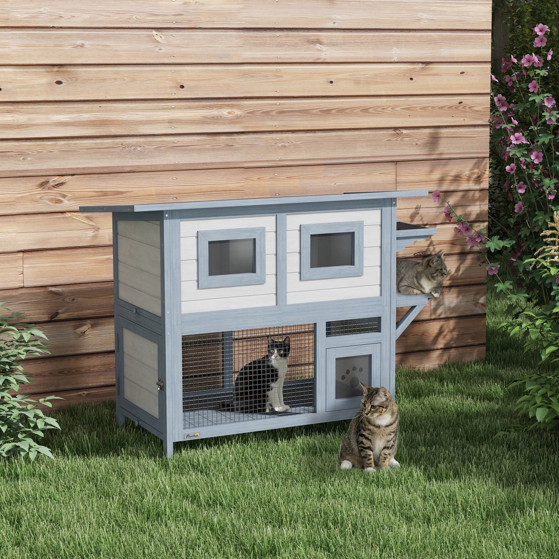 Pawhut Outdoor Cat House, 2 Tier Weatherproof Feral Cat Shelter With Escape Door, Asphalt Roof, Jump Platform, Large Wooden Cat House For Outside, Backyard, Light Gray Light Grey Wood