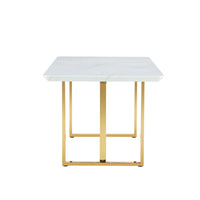 Table And Chair Set.67"X36" White Marble Pattern Mdf Dining Table Set With 6 White Pu Chairs.Mdf Sticker,White Marble Pattern Sticker,Gold C Tube Chair Legs,Suitable For Kitchen,Dining Room,Etc.