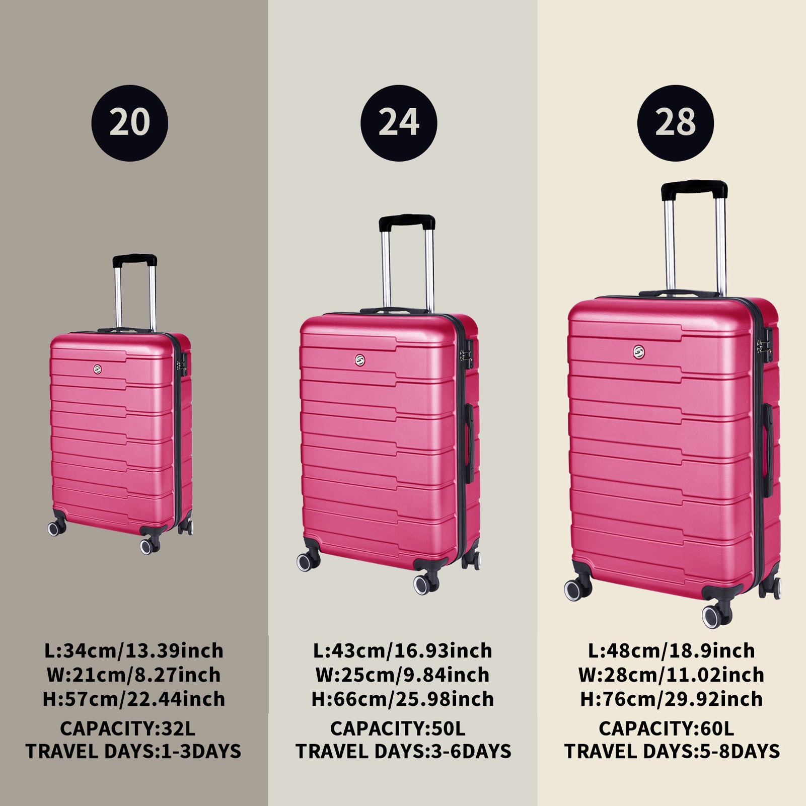 Luggage Suitcase 3 Piece Sets Hardside Carry On Luggage With Spinner Wheels 20" 24" 28" Rose Red Abs