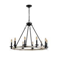 Rustic Farmhouse 10 Light Candle Chandelier, Black Metal And Wood Round Hanging Light Fixture For Dining Room, Kitchen, Living Room, Adjustable Height, E12 Bulb Base No Bulbs Matte Black,White Oak