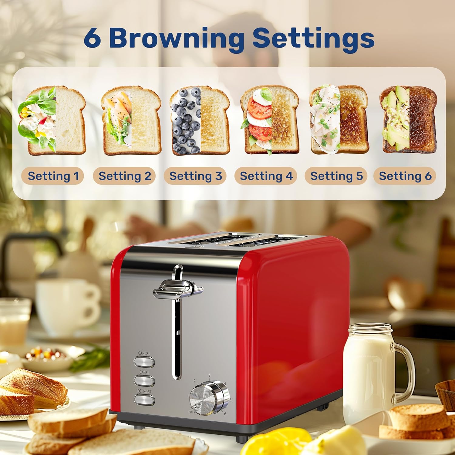 2 Slice Toaster With 6 Browning Setting And 3 Function, Extra Wide Slot & Removable Crumb Tray, Retro Stainless Steel Style, For Bread & Waffle Red Stainless Steel