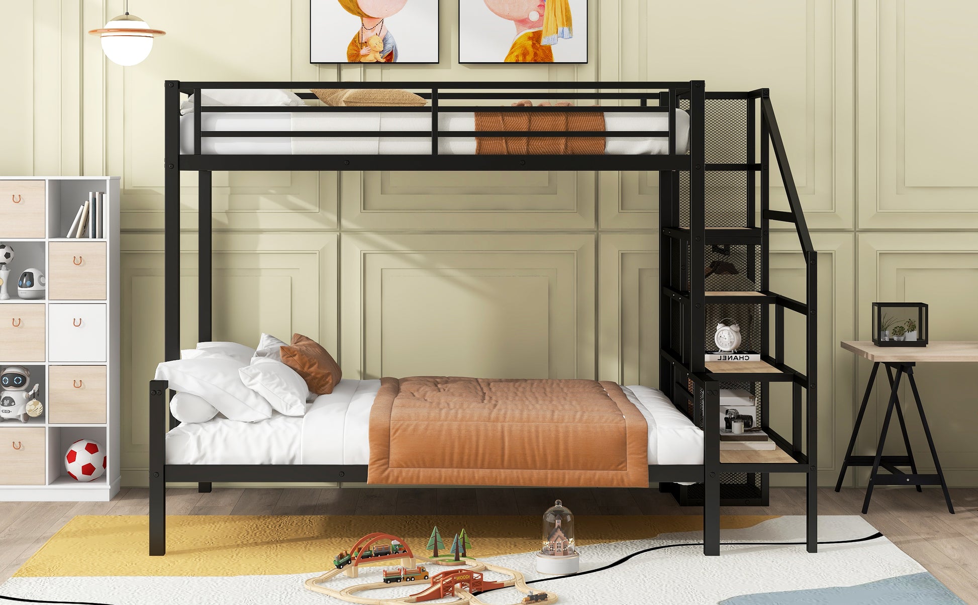 Twin Over Full Size Metal Bunk Bed With Storage Staircase And Open Wardrobe,Black Expected Arrival Time:11.15 Black Mdf Metal