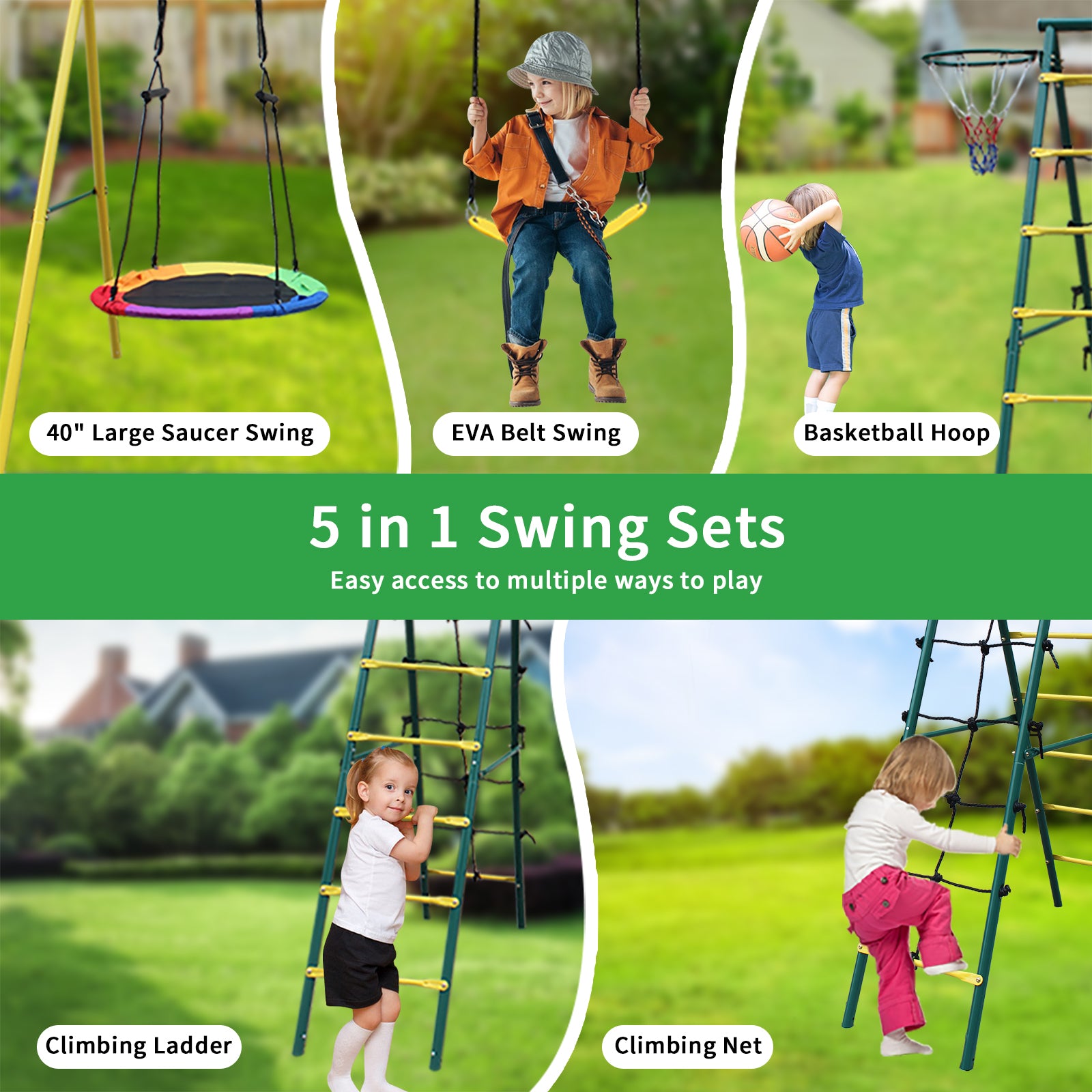 Indoor Outdoor Metal Swing Set With Safety Belt For Backyard Multicolor Steel