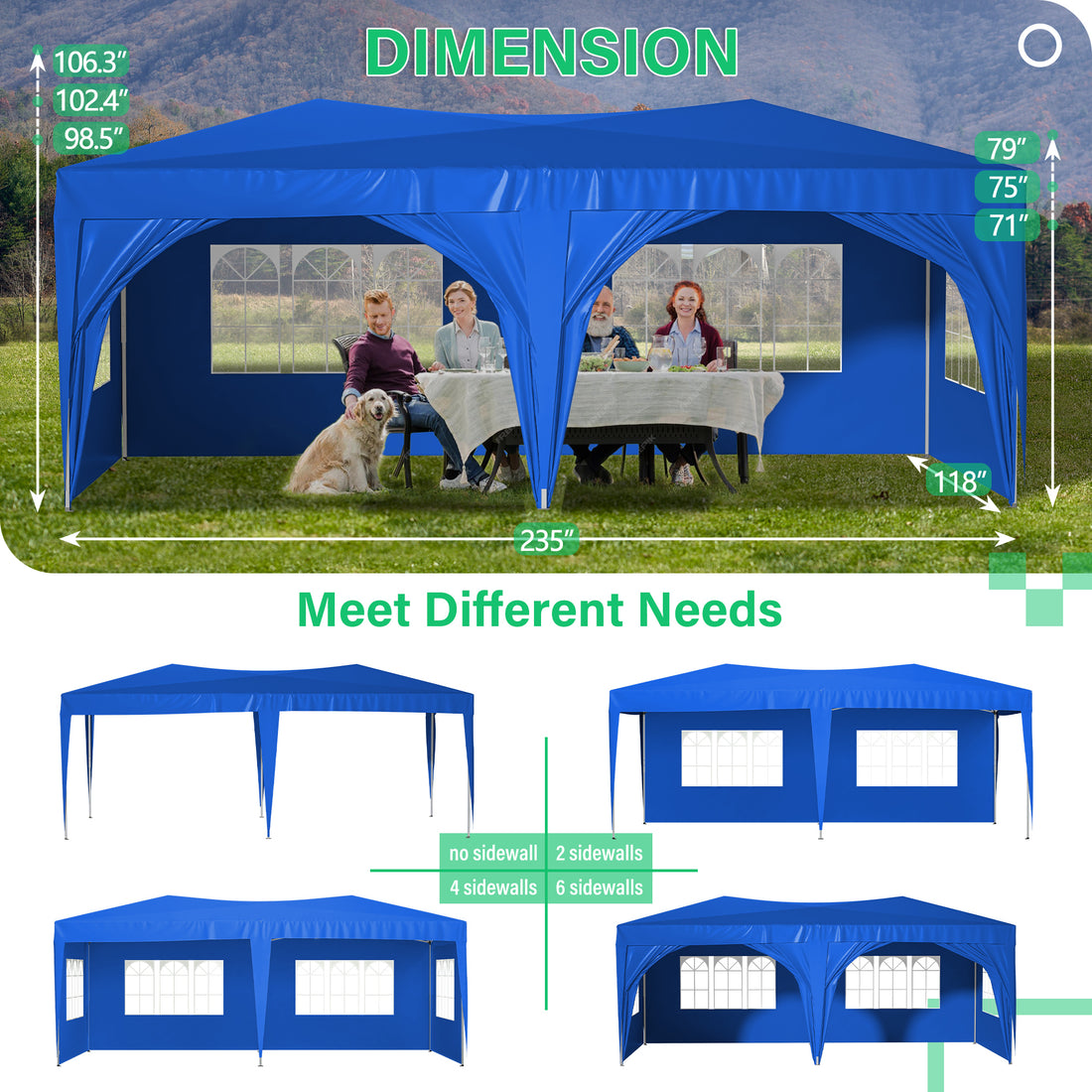 10'X20' Pop Up Canopy Tent With 6 Sidewalls, Ez Pop Up Outdoor Canopy For Parties, Waterproof Commercial Tent With 3 Adjustable Heights, Carry Bag, 6 Sand Bags, 6 Ropes And 12 Stakes, Blue Blue Metal