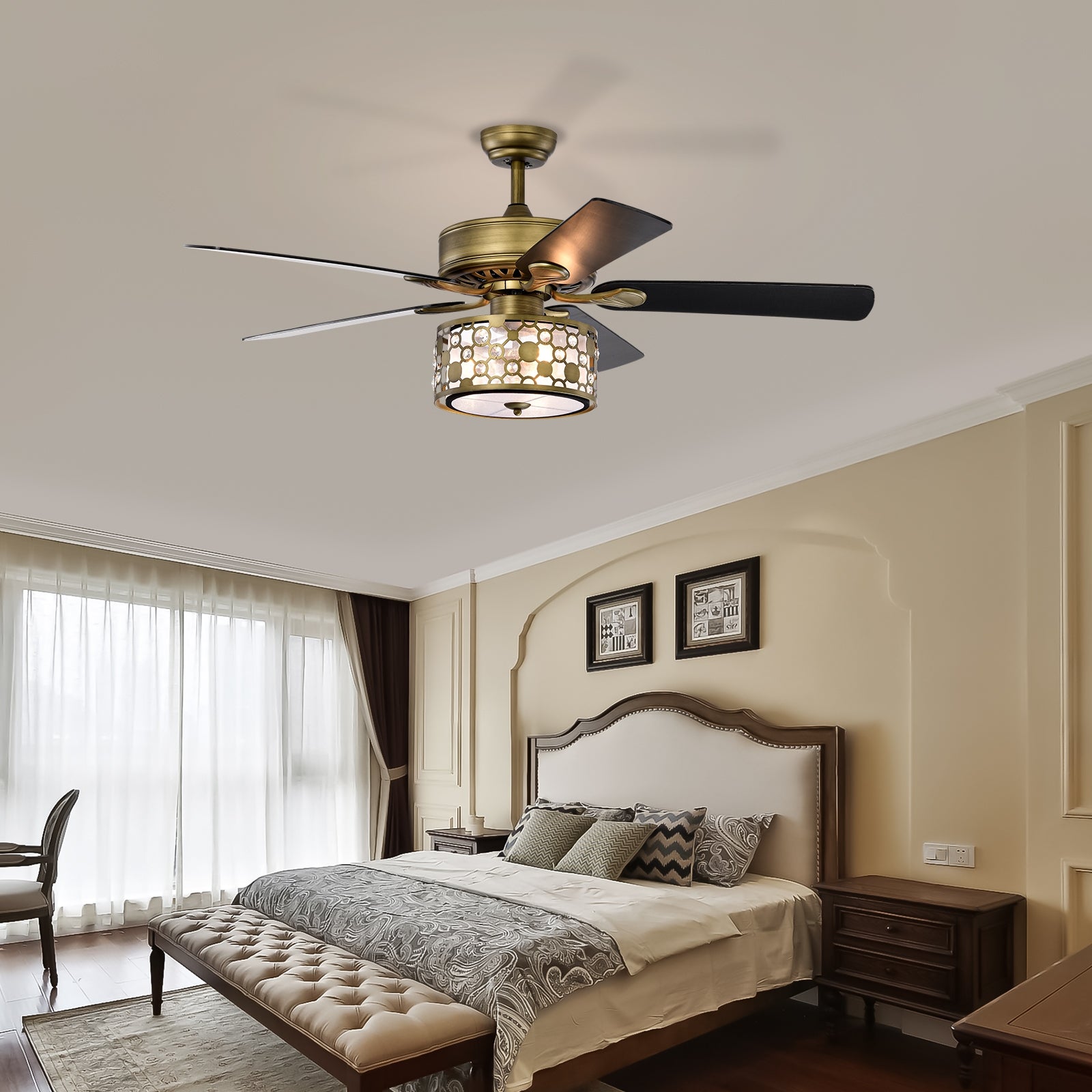52Inch Antique Bronze Metal 3 Lights Crystal Ceiling Fan With 5 Wood Blades, Two Color Fan Blade, Ac Motor, Remote Control, Reversible Airflow, 3 Speed, Adjustable Height, Traditional Ceiling Fan Antique Brass American Design,American