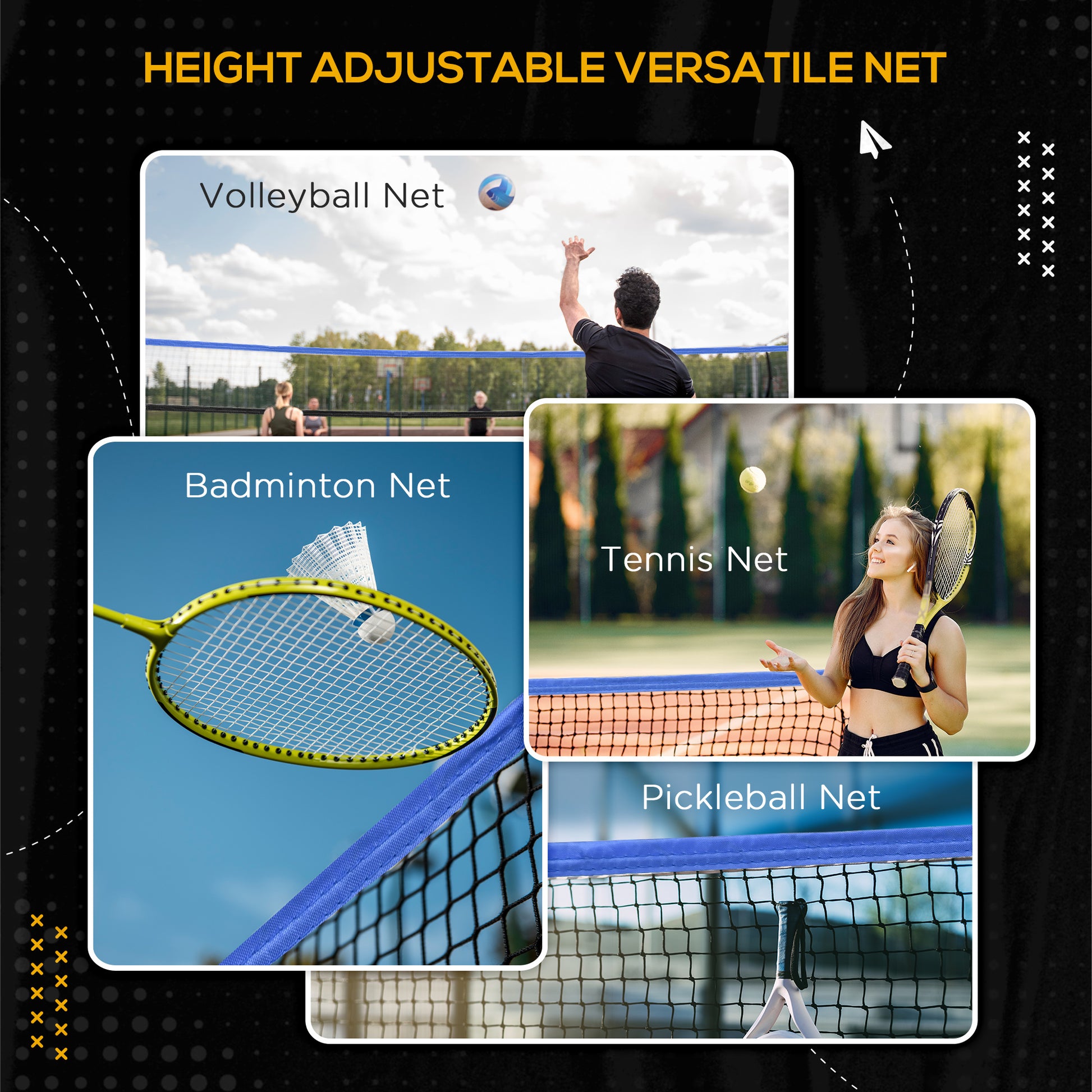 Soozier Portable Badminton Net, 14Ft Volleyball Net, Foldable And Height Adjustable With Carry Bag, For Tennis, Badminton And Pickleball, Court Beach Backyard Games Black Blue Hdpe