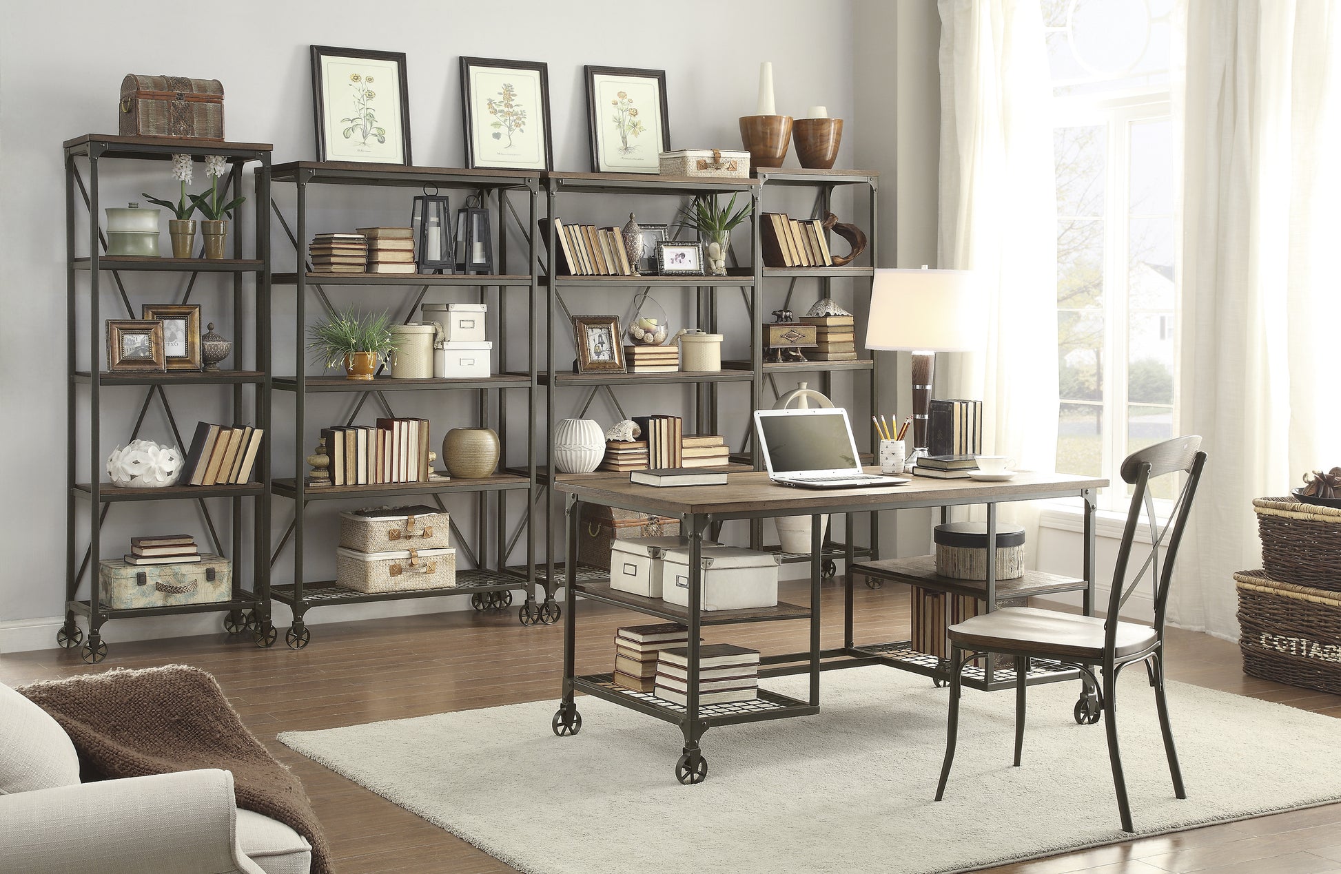 Modern Traditional Aesthetic 1Pc Writing Desk With 4X Shelves Metal Casters Natural Finish And Rustic Black Metal Finish Black,Natural Primary Living Space Shelves Rectangular Engineered Wood,Metal