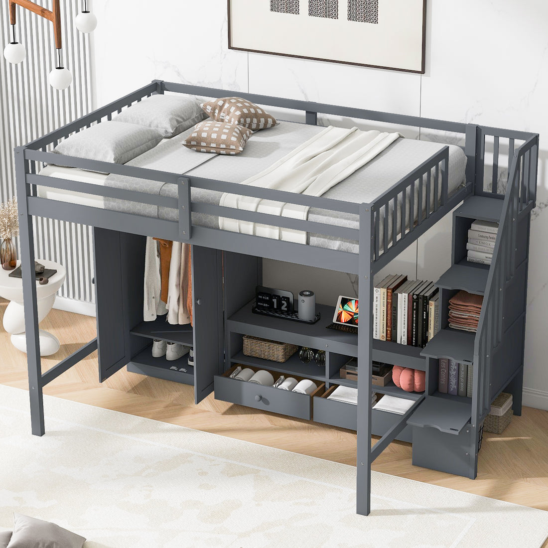 Full Size Loft Bed Frame With Wardrobe,Low Storage Table And Storage Staircase,Gray Expected Arrival Time:10.20 Gray Solid Wood Mdf