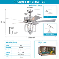 Ceiling Fans With Lights No Include Bulb And Remote 52 Inch Bedroom Ceiling Fan With Light Crystal Chandelier Fans, Reversible Motor, Timer, Polished Chrome Chrome American Design,Contemporary,Luxury,Vintage Crystal Iron