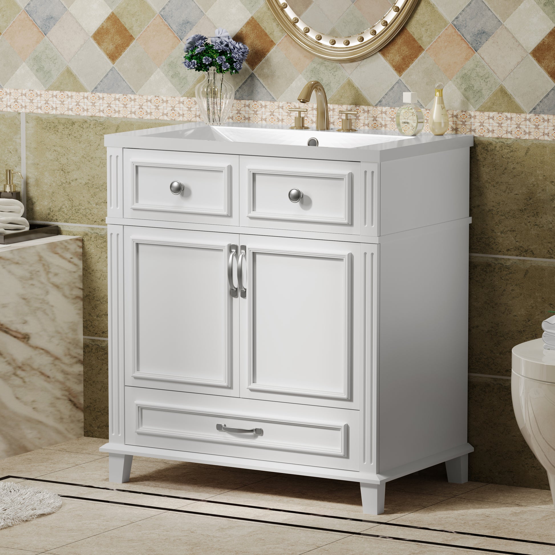 30'' Bathroom Vanity With Resin Sink, Solid Wood Frame Bathroom Storage Cabinet With Soft Closing Doors, Retro Style, White 1 White 2 Bathroom Freestanding Modern Solid Wood Mdf Resin Painted