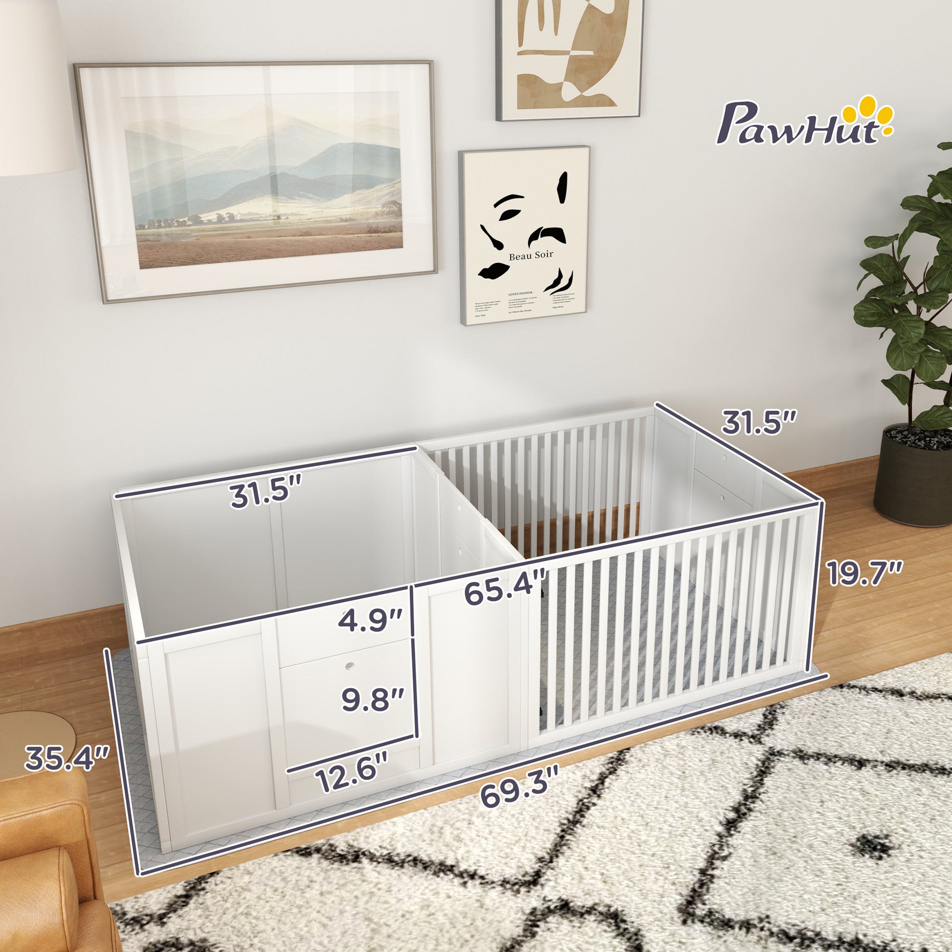 Pawhut Whelping Box For Dogs, Dog Whelping Box With Waterproof Pee Pad & Adjustable Door For Small, Medium & Large Breed Dogs, 65" X 31.5" White Wood