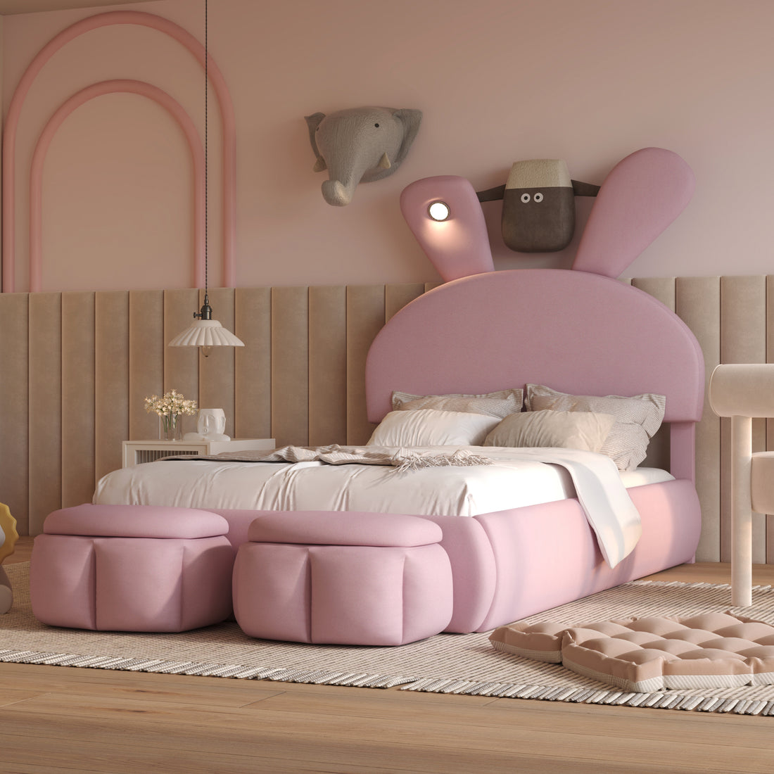 Twin Size Upholstered Platform Bed With Cartoon Ears Shaped Headboard And Light, Pink Box Spring Not Required Twin Pink Wood Bedroom Bed Frame Velvet Upholstered