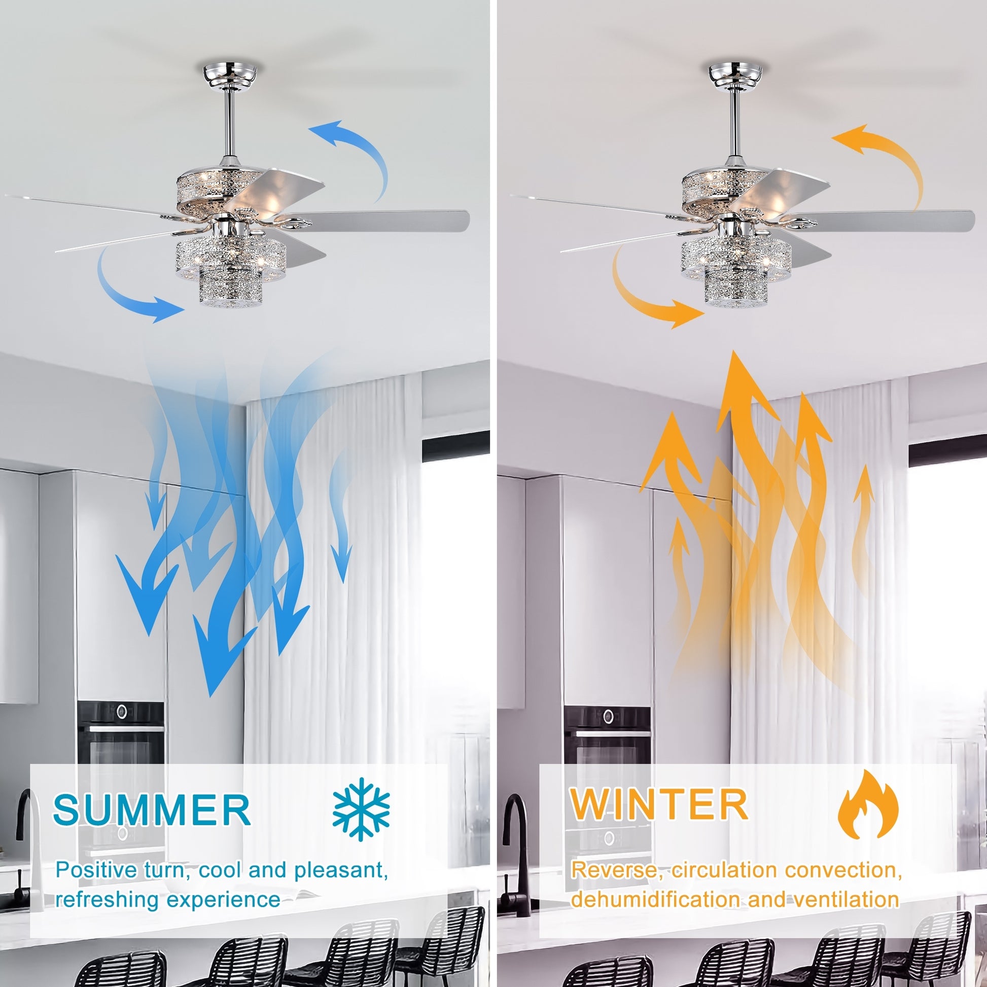 Dual Crystal Lamp Shade Crystal Ceiling Fan With Lights No Include Bulb Fandelier Chandelier Reversible Blades 3 Wind Speeds Remote Control For Bedroom Living Dining Room Chrome 52 Inch Chrome American Design,American