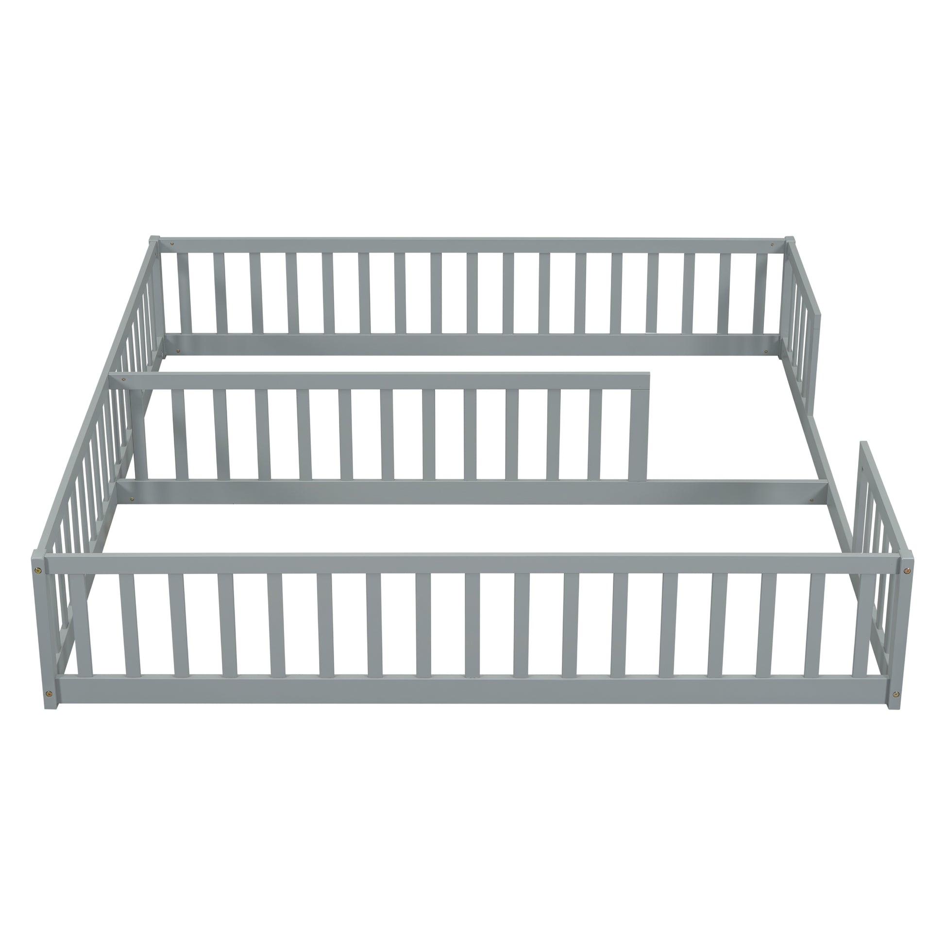 Double Twin Floor Bed With Fence, Guardrails, Without Door, Grey Twin Grey American Design Pine