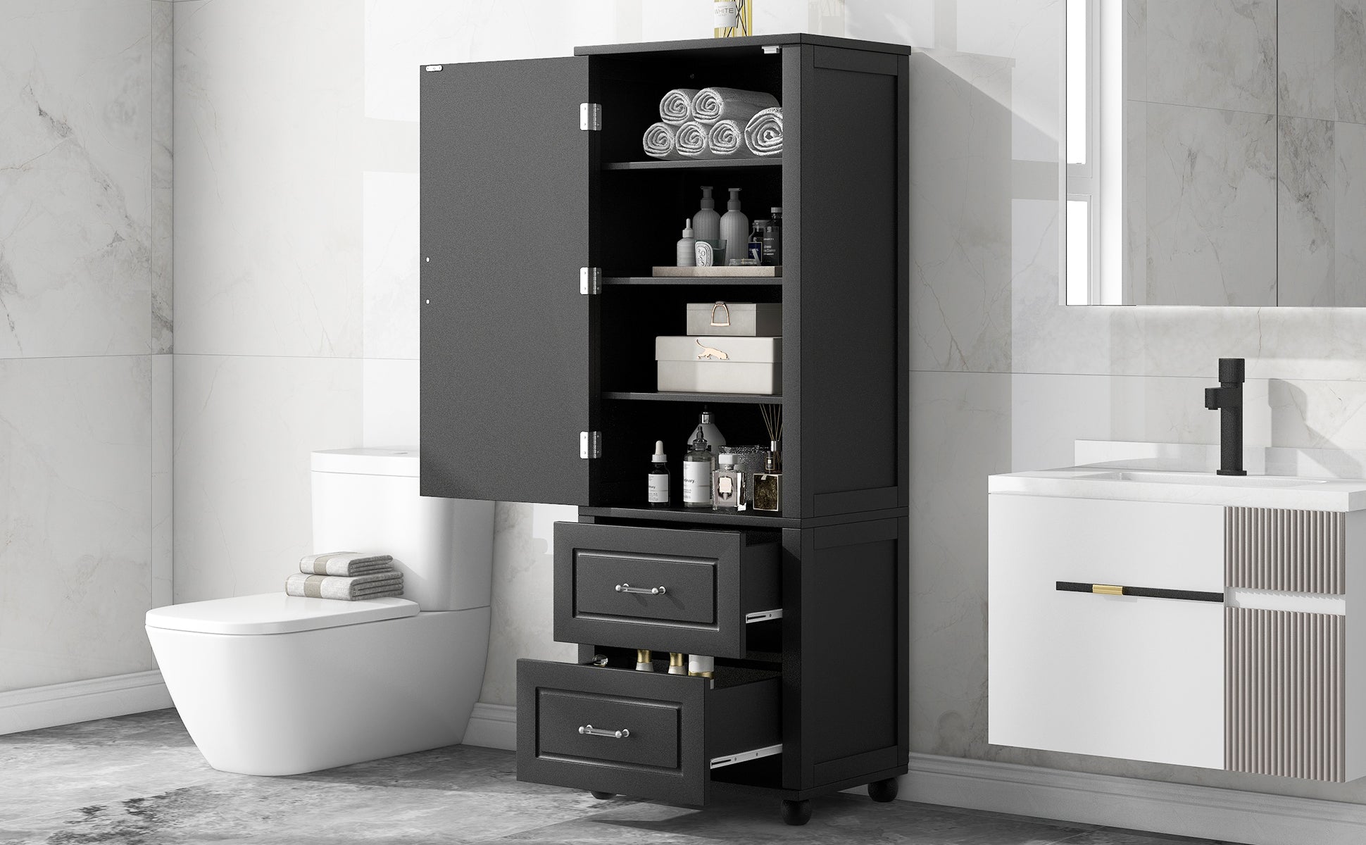 Tall Bathroom Storage Cabinet, Freestanding Storage Cabinet With Two Drawers And Adjustable Shelf, Mdf Board With Painted Finish, Black Black Mdf